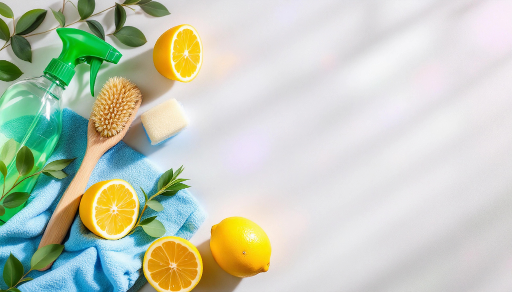 Produits de nettoyage naturels Lorclean — citrons frais, spray écologique, brosse en bois